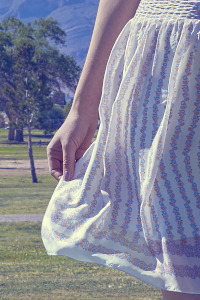 Portion of a flowing summer dress to show detail of fabric and pattern